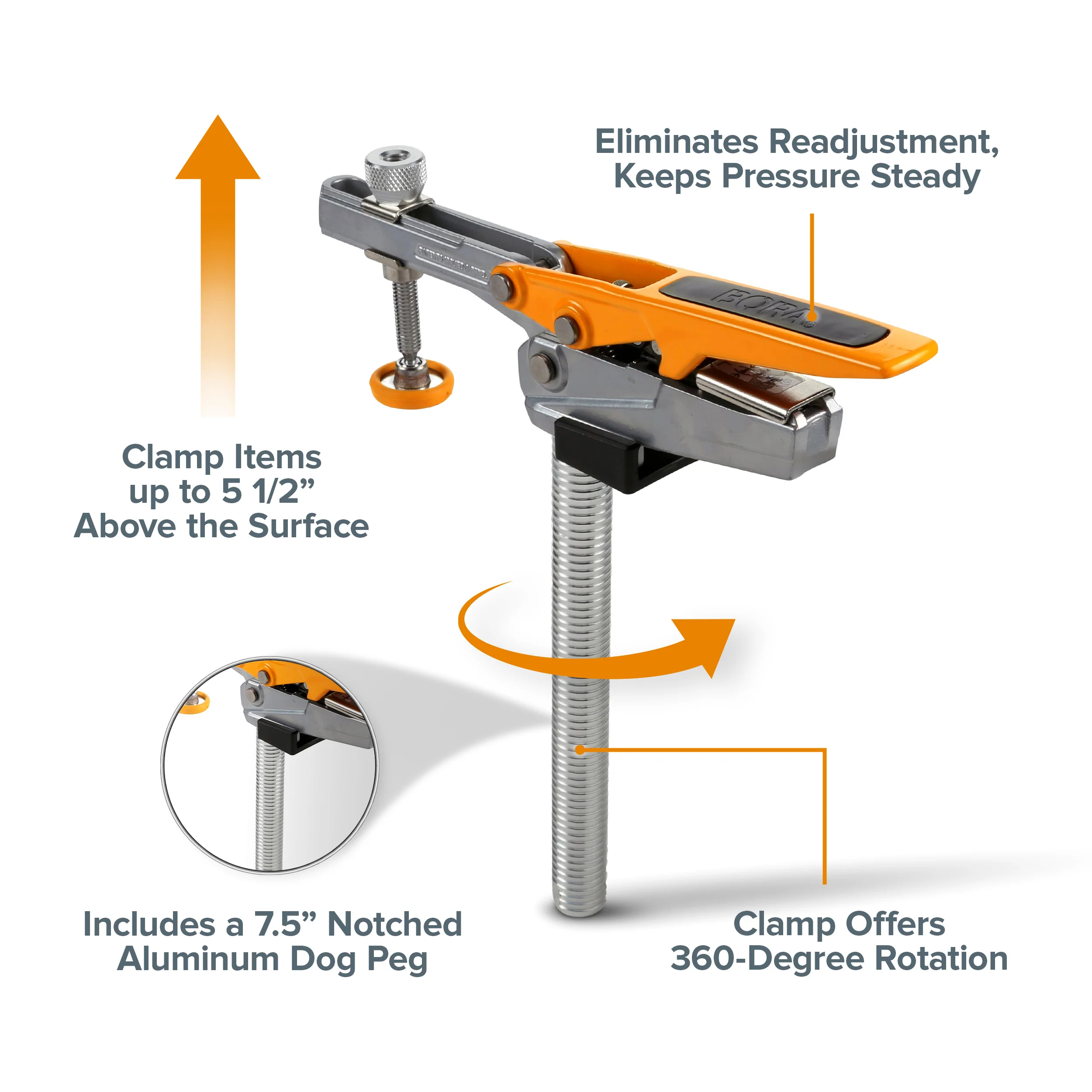 BORA Tool Dog Hole Auto Adjust Horizontal Toggle Clamp 175mm Capacity - Image 4