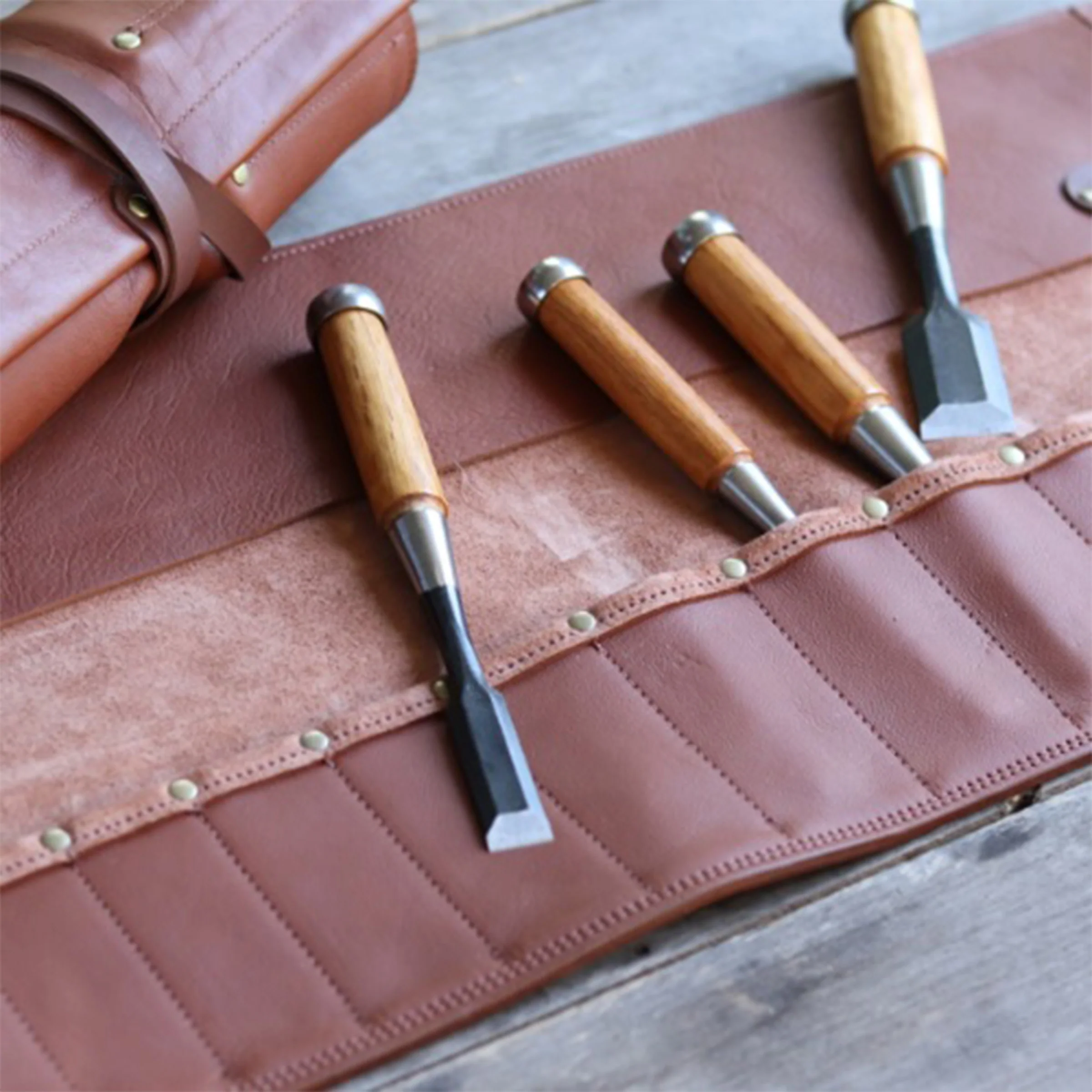En Mina 12 Pocket Leather Chisel Roll Tan - Image 5